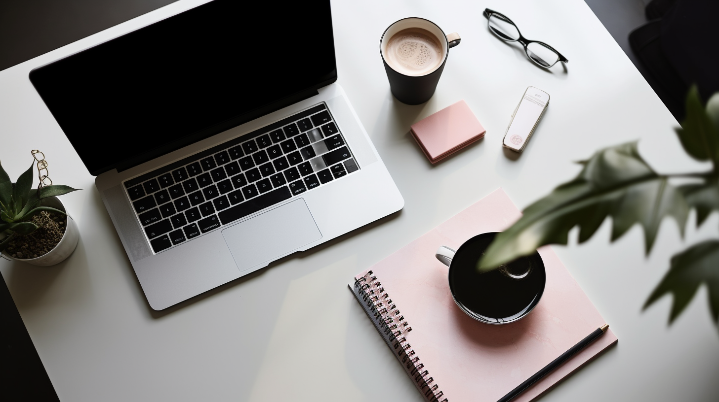 Woman in pink suit with laptop